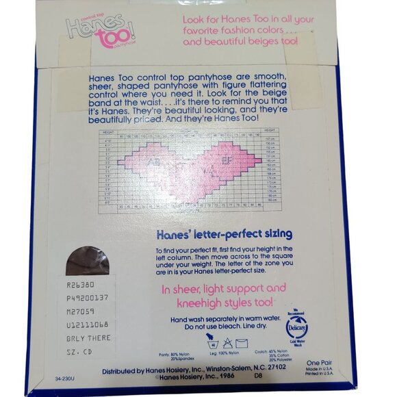 Vintage Hanes Too Control Top Pantyhose Barely There Sandalfoot 1980s Size C-D - Picture 4 of 5